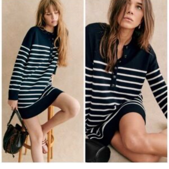 Sézane La Maille Striped Merino Wool Shift Mini Sweater Dress Black Xs - Picture 1 of 5